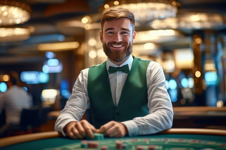 Mobile app interface showing live blackjack dealer and navigation menu